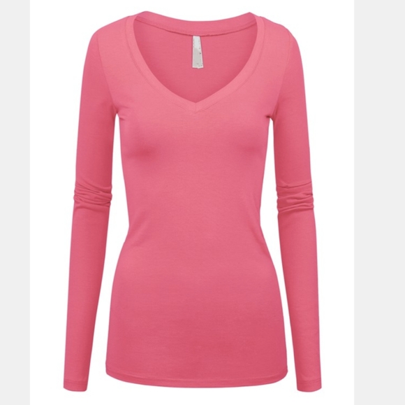 Pink long sleeve vneck solid lowcut tee shirt top - Picture 1 of 2